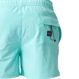 Short de baño Billabong de color turquesa, con cintura elástica y cordón ajustable blanco. Presenta bolsillos laterales y una pequeña etiqueta con el logo de la marca en el borde inferior izquierdo.