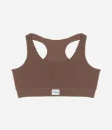 Soutien femenino color marrón, confeccionado en poliamida texturizada, con diseño de espalda nadador y sin copa. Presenta un elástico en la base con el logo de la marca.