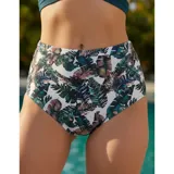 Conjunto de bikini de dos piezas de la marca Uniteduy, compuesto por un crop top amarillo liso con diseño cruzado y tirantes finos, y una bombacha de tiro alto con estampado floral y de hojas en tonos amarillos, verdes y blancos.