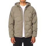 Campera puffer con capucha, color beige, con diseño de acolchado circular y cierre frontal con cremallera.