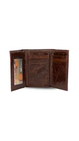 Billetera vertical de cuero negro, con diseño de tres cuerpos, dos divisiones para billetes, ocho espacios para tarjetas y un visor.