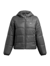 Campera puffer Under Armour con capucha, confeccionada en nailon resistente con tecnología repelente al agua. Presenta aislamiento sintético, cierre frontal completo, bolsillos laterales y puños elásticos.
