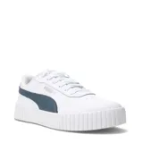 Championes Puma Carina 2.0 de cuero sintético blanco con detalles en dorado y suela de goma color lavanda.