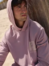 Buzo con capucha color lila, de algodón y fit relajado. Presenta un estampado con una palmera y el texto "Rainbow Bay" en el pecho.