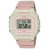 Reloj digital Casio con caja cuadrada color crema y correa de resina color rosa. Cuenta con pantalla digital, cronómetro, alarma, calendario y resistencia al agua 50m.