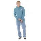 Canguro Rip Curl color celeste, con capucha ajustable con cordones y bolsillo canguro frontal. Presenta un estampado en el pecho con el logo de la marca y la palabra "Surfing".
