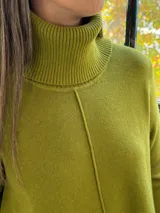 Sweater de punto color verde pistacho, con cuello alto tipo polera, mangas largas y diseño holgado con costuras verticales decorativas.