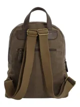 Mochila RKF de diseño patchwork que combina paneles de lona marrón con detalles de tejido étnico multicolor y aplicaciones de cuero sintético. Cuenta con un bolsillo frontal con solapa y cierre de hebilla, además de un compartimento principal con cierre metálico.