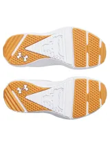 Championes de entrenamiento Under Armour Project Rock BSR 5, color blanco con suela de goma color caramelo. Presentan una parte superior de malla transpirable con refuerzos laterales y una mediasuela Charged Cushioning para mayor amortiguación y retorno de energía.
