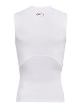 Musculosa térmica Under Armour HeatGear Armour Compression de color blanco, sin mangas y con diseño de compresión. Presenta cuello redondo y el logotipo de la marca estampado en negro en el pecho.