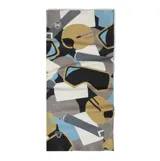 Cuello multifuncional Buff modelo Thermonet, confeccionado con fibras aislantes PrimaLoft y tejido transpirable. Presenta un diseño sin costuras con elasticidad en cuatro direcciones y un estampado geométrico en tonos beige, azul, gris y negro.