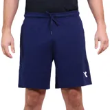 Short deportivo azul marino con cintura elástica ajustable con cordón y logo de la marca en blanco en la pierna derecha.