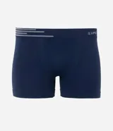 Calzoncillo tipo boxer de microfibra color azul marino, con diseño sin costuras y cintura elástica con detalle de líneas horizontales y logo de la marca.