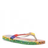 Sandalias tipo ojotas Havaianas con diseño estampado de flores coloridas sobre fondo degradado. Presentan tiras con los colores del arcoíris y logo de la marca en relieve.