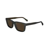 Lentes de marco completo con diseño rectangular, fabricados en acetato color negro con patillas en tono marrón oscuro.