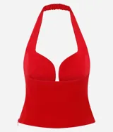 Blusa frente única de sastrería color rojo, con escote orgánico pronunciado y breteles anchos. Diseño corto y estructurado con espalda descubierta.