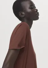 Remera marrón de manga corta y cuello redondo, de corte clásico.