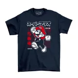 Remera de algodón color azul marino con estampa frontal de Super Mario en estilo retro, acompañada de texto en japonés y una cuadrícula roja de fondo.