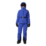 Campera de esquí técnica Columbia Titanium, color azul, con capucha ajustable, cierre frontal de doble vía, cinturón integrado en la cintura, ventilación en axilas y puños con orificios para pulgares.