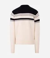 Suéter de punto Marfinno, color blanco y negro con diseño de rayas horizontales bicolor. Cuenta con cuello polo, cierre frontal completo y bolsillos laterales.