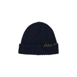 Gorro de lana azul oscuro con diseño de punto acanalado y vuelta, con detalles bordados en contraste.