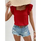 Blusa de color amarillo con textura fruncida, cuello cuadrado y mangas cortas con volados.