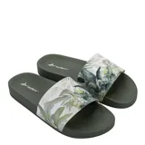 Sandalias de mujer Rider Full 86 Ii, color verde militar, con tira ancha estampada con diseño botánico en tonos verdes y beige.