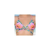 Top de bikini triangular con estampado camuflado y de flores, tiras cruzadas en la base y breteles finos regulables.