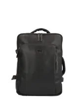 Mochila maletín de cuero color marrón, con compartimento principal y bolsillo frontal con cierre, asas de mano superior y lateral, y compartimento para notebook.
