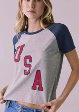 Remera gris de manga corta con mangas ranglán azul marino y estampa frontal con las letras "USA" en rojo con borde azul.