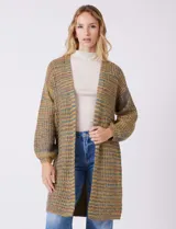 Cárdigan largo multicolor de tejido melange, sin botones, con puños ajustados que crean un efecto de manga abullonada.