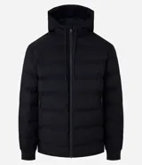 Campera puffer deportiva color verde militar, sin costuras, con capucha ajustable por cordón, bolsillos laterales con cierre y cierre frontal por cremallera.