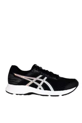 Championes de running Asics modelo Raiden III, color negro con detalles en blanco y rosado, confeccionados con malla transpirable y suela amortiguada.