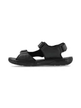 Sandalia negra de cuero con diseño ergonómico, ajuste mediante tiras con velcro y suela de goma antideslizante.
