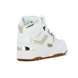 Zapatillas urbanas de caña alta Pony M100 para mujer, en color blanco con detalles dorados y suela de goma marrón.