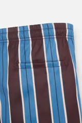Short de baño confeccionado en tejido técnico con diseño de rayas verticales en tonos azul, marrón y beige. Cuenta con cintura elástica ajustable con cordón, bolsillos laterales y forro interior.