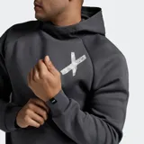 Canguro con capucha de color gris oscuro, con mangas raglán y un pequeño logo blanco en forma de 'X' en el pecho.