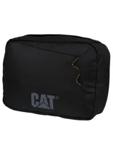 Neceser unisex negro con logo CAT en gris. Cuenta con gancho para colgar, asa de cincha, cierre de cremallera, bolsillo de malla con cremallera en un lateral y bolsillo de malla elástica en el otro.