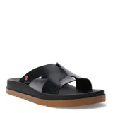 Sandalias tipo slide marca Zaxy, color negro con suela de goma en tono marrón. Presentan un diseño de tira ancha con aberturas laterales y detalle de logo de la marca en relieve.