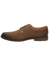 Zapato de cuero engrasado marrón oscuro, estilo urbano, con cordones y suela de goma.
