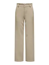 Pantalón sastrero wide leg de tiro alto en color beige, confeccionado en tejido twill con cierre de gancho y cremallera, y pasacintos en la cintura.