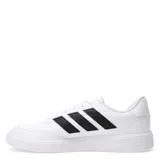 Championes urbanos Adidas Courtblock, color blanco con detalles en negro, con las tres tiras clásicas de la marca en los laterales.