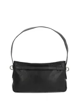 Cartera de hombro tipo hobo color negro, confeccionada en cuero sintético, con detalle de tira decorativa con hebilla metálica y argollas doradas en los laterales.