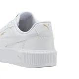 Championes Puma modelo Carina Mia, de diseño urbano con plataforma, color blanco con detalles en dorado en el logo lateral y la lengüeta.