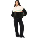 Buzo de polar con cierre frontal parcial, diseño de bloques de color en crema y negro, con franjas horizontales multicolores en el pecho y logo de la marca Rip Curl.