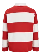 Buzo tipo polo de manga larga con diseño de franjas horizontales anchas en color rojo y blanco, cuello camisero blanco y cierre frontal parcial con solapa y botones ocultos.