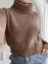 Sweater marrón de punto con cuello alto y mangas largas.