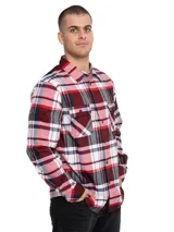 Camisa de manga larga con estampado de cuadros en tonos rojos, blancos y azul marino. Presenta cuello clásico, cierre frontal con botones, dos bolsillos en el pecho con solapa y puños ajustables.