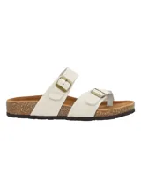 Sandalias de cuero color blanco con suela anatómica de corcho, tiras ajustables con hebillas metálicas y diseño entre dedos.