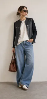 Campera corta con cuerpo de cuerina negra y mangas de algodón del mismo color. Tiene cuello redondo con tira y botón a presión, cierre frontal metálico y bolsillos laterales con cierre.